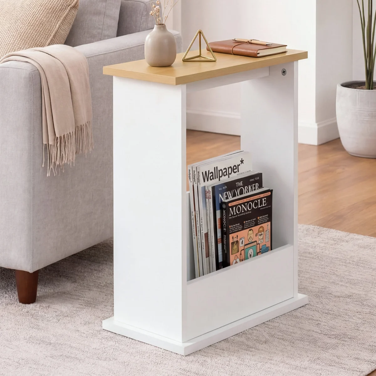 Side Table with Magazine Rack Slim End Table For Living Room Natural - White – image 2