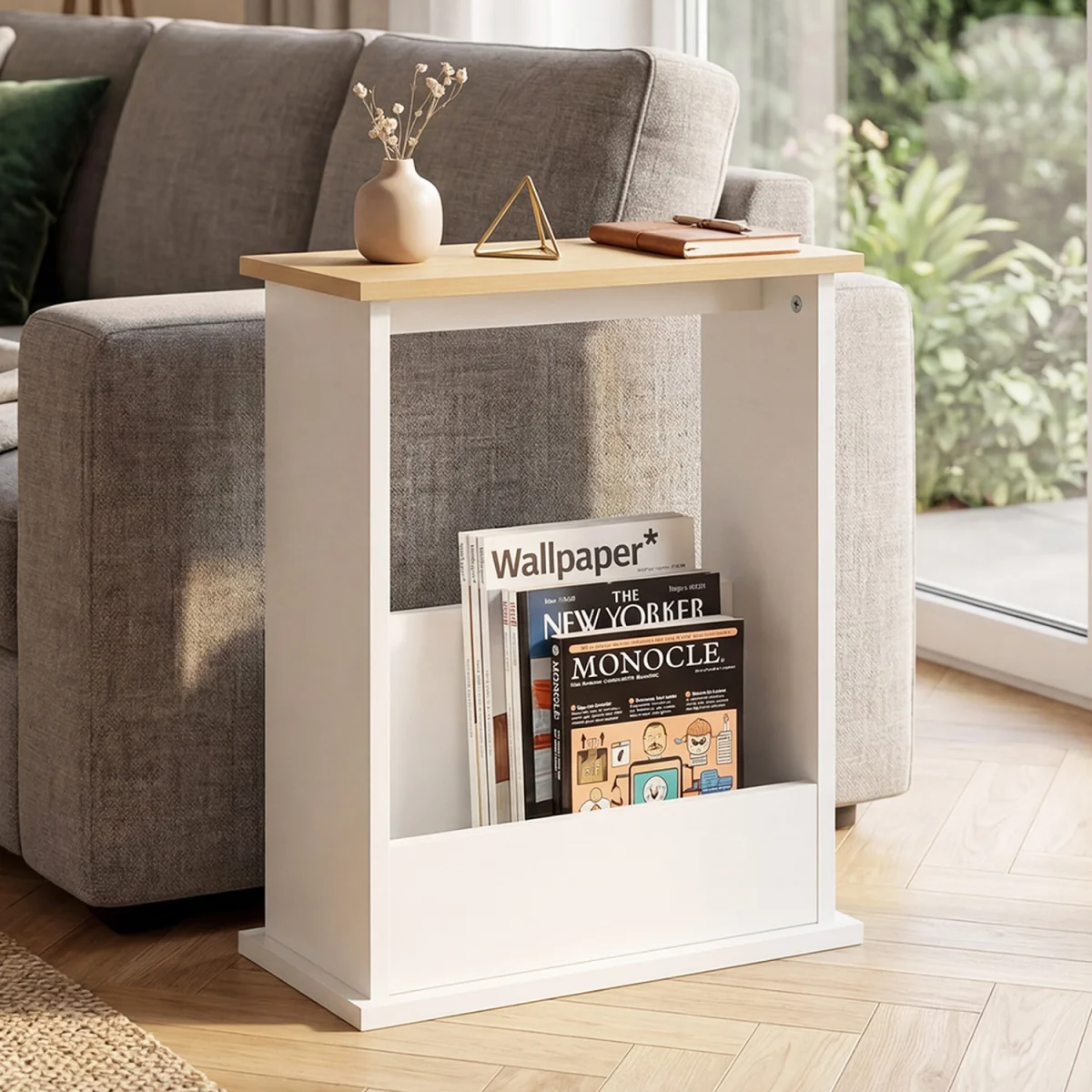 Side Table with Magazine Rack Slim End Table For Living Room Natural - White – image 6