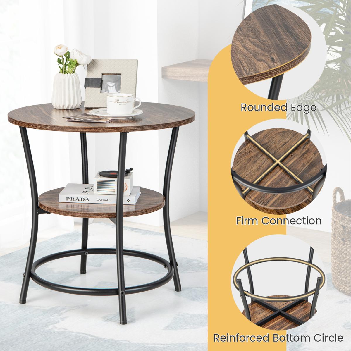 Costway 2-Tier Round Sofa Side Table-Rustic Brown - Rustic Brown – image 2