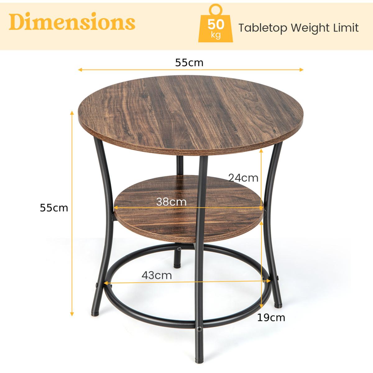 Costway 2-Tier Round Sofa Side Table-Rustic Brown - Rustic Brown – image 3