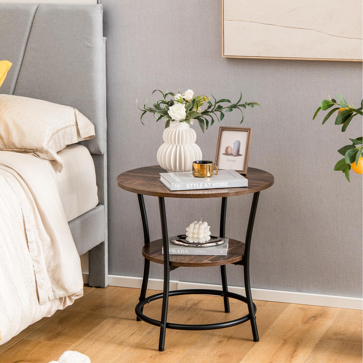 Costway 2-Tier Round Sofa Side Table-Rustic Brown - Rustic Brown – image 4