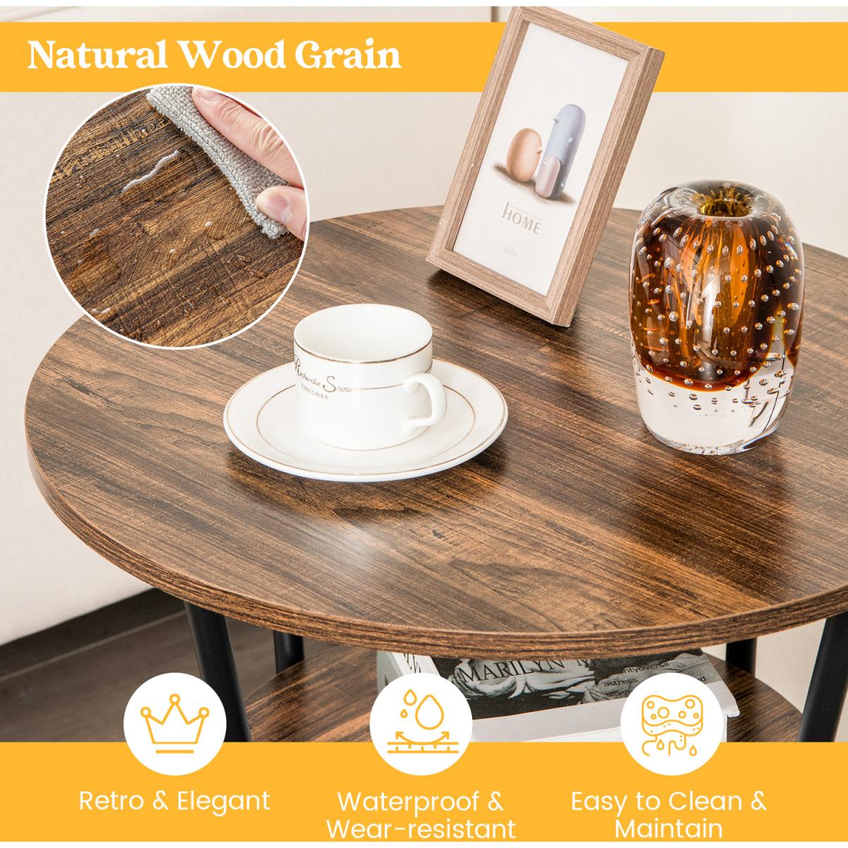 Costway 2-Tier Round Sofa Side Table-Rustic Brown - Rustic Brown – image 5