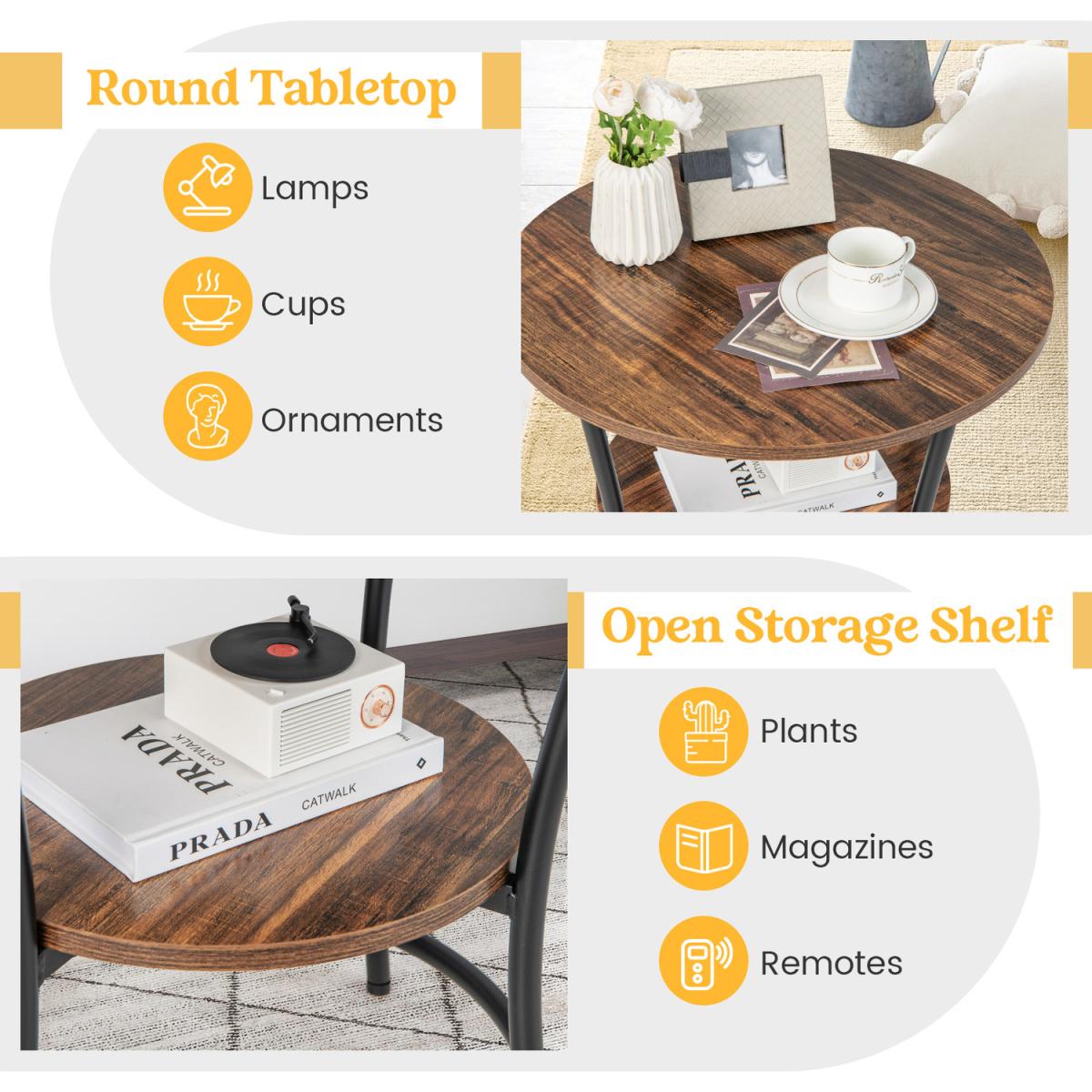 Costway 2-Tier Round Sofa Side Table-Rustic Brown - Rustic Brown – image 6