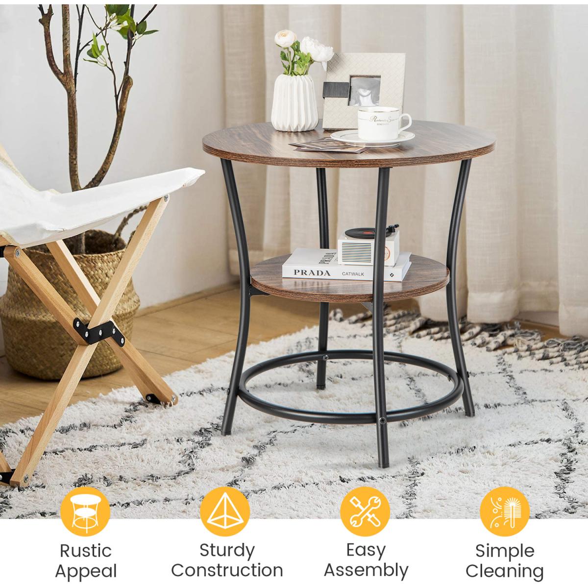 Costway 2-Tier Round Sofa Side Table-Rustic Brown - Rustic Brown – image 7