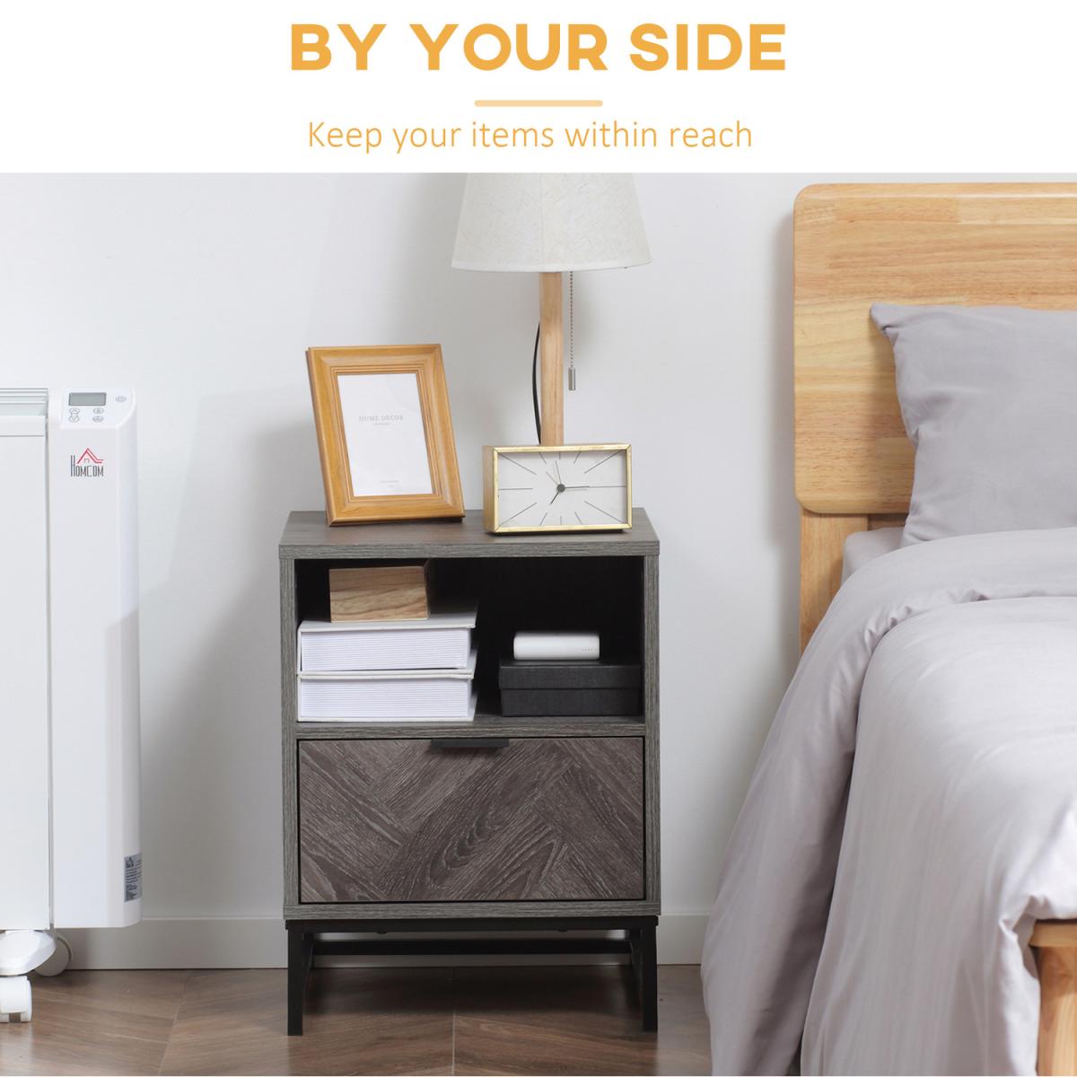 Bedside Table with Drawer and Shelf, Side End Table with Steel Legs - Grey – image 3
