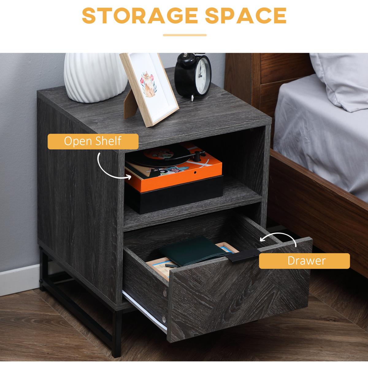 Bedside Table with Drawer and Shelf, Side End Table with Steel Legs - Grey – image 4