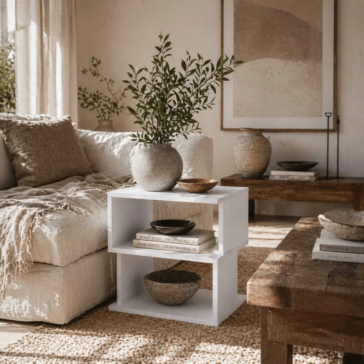 Masevi White Square Side Table with 2-Tier Storage – image 2
