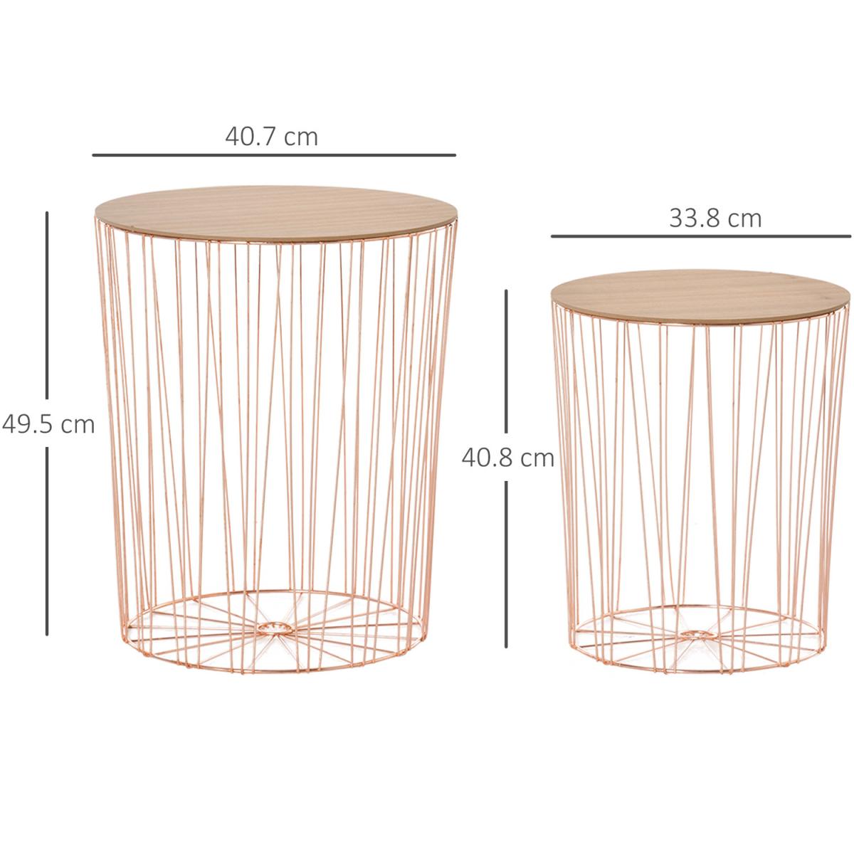Set Of 2 Elegant Webbed Side Tables with Metal Frame Storage - Rose Gold & Natural Wood – image 2