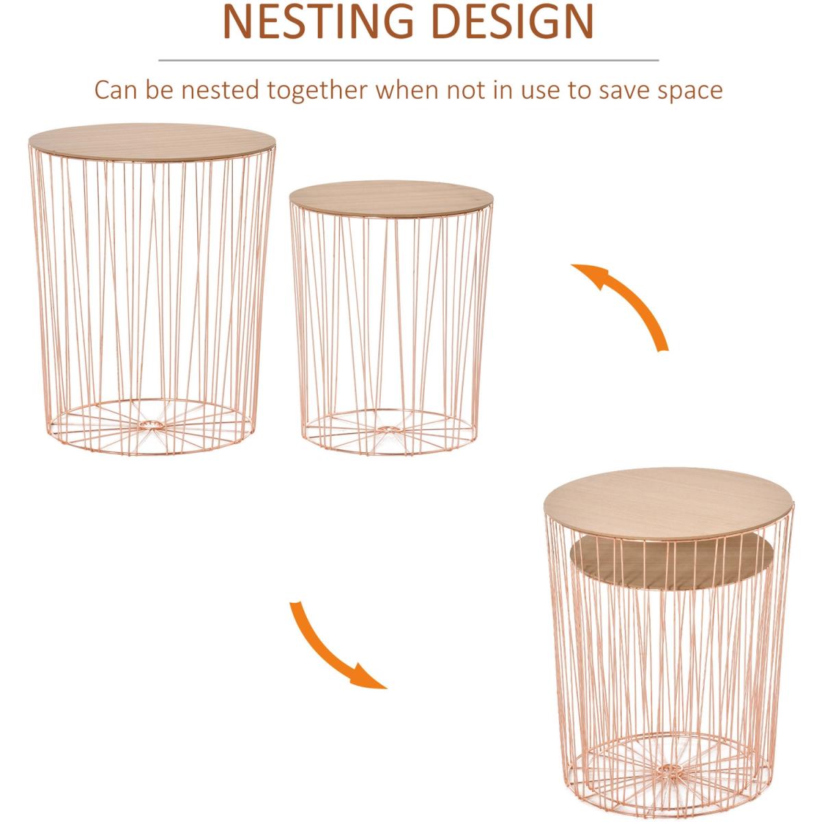 Set Of 2 Elegant Webbed Side Tables with Metal Frame Storage - Rose Gold & Natural Wood – image 3
