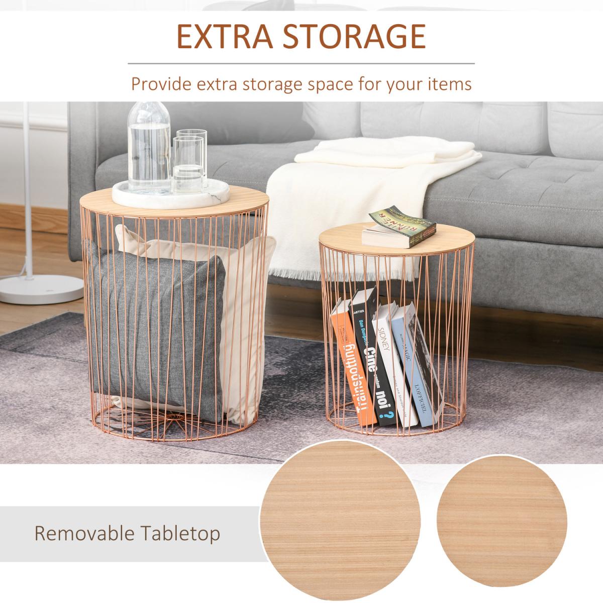Set Of 2 Elegant Webbed Side Tables with Metal Frame Storage - Rose Gold & Natural Wood – image 5