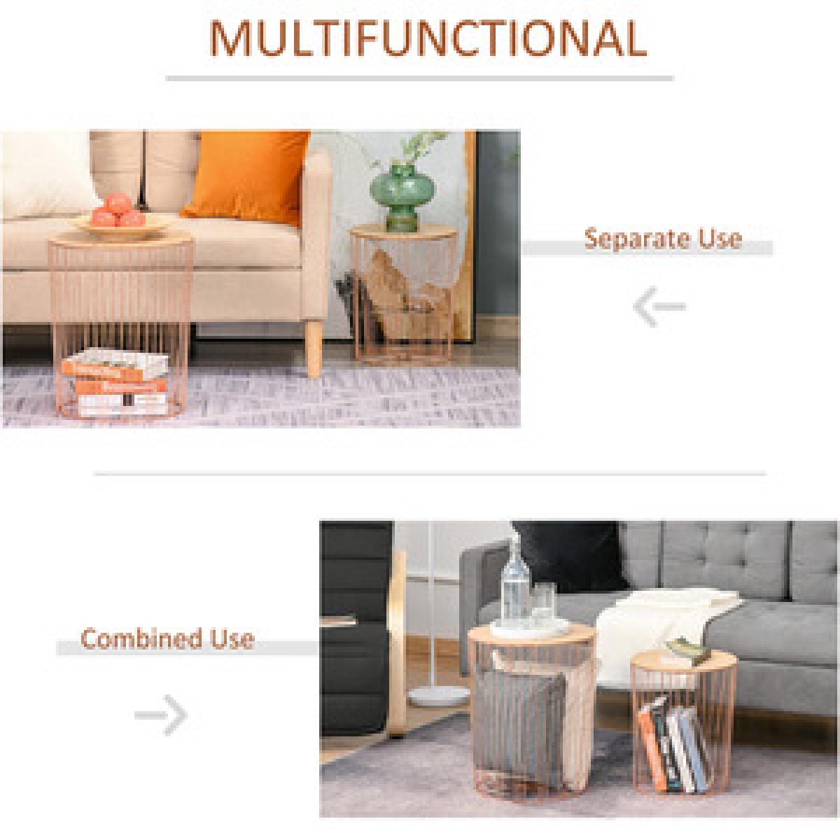 Set Of 2 Elegant Webbed Side Tables with Metal Frame Storage - Rose Gold & Natural Wood – image 10