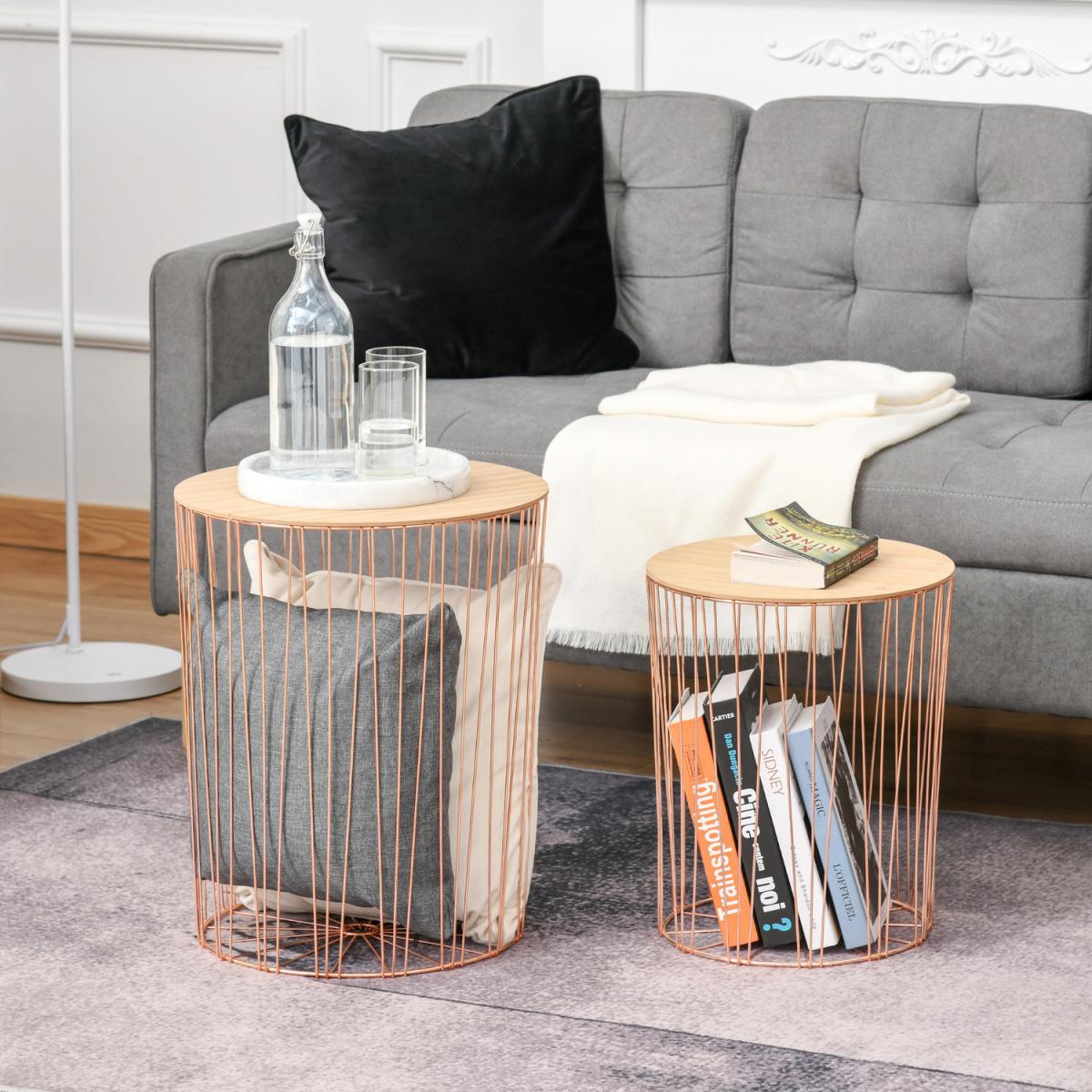 Set Of 2 Elegant Webbed Side Tables with Metal Frame Storage - Rose Gold & Natural Wood – image 1