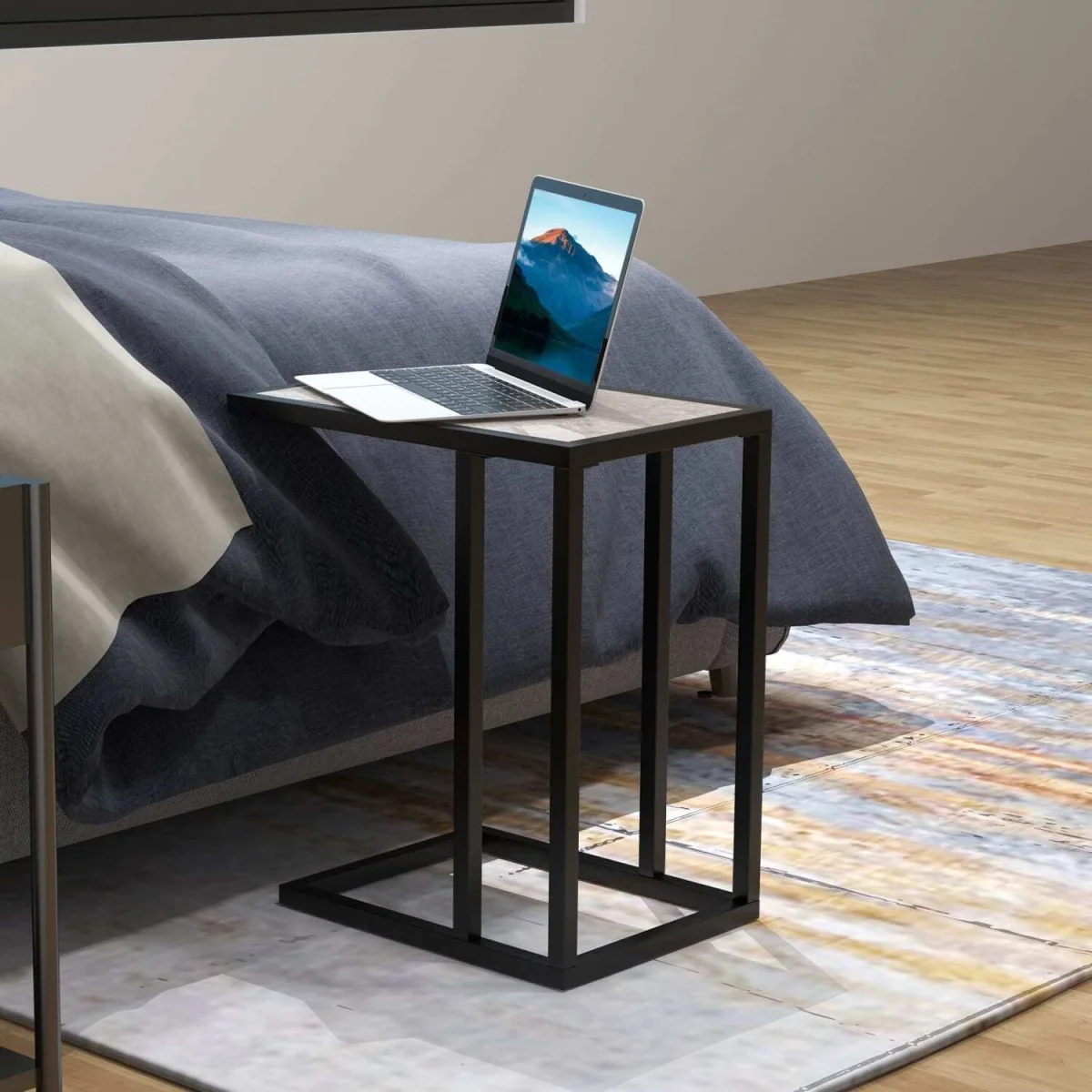 Nonili Metal and Wooden Grey Side Table with Marble Effect Top – image 2