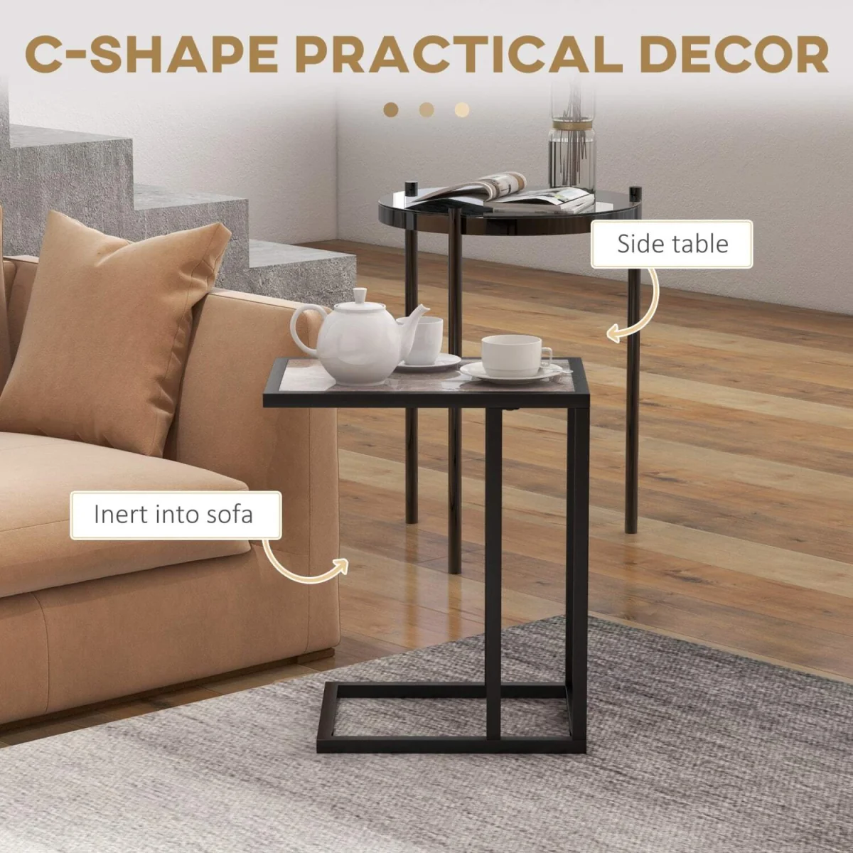 Nonili Metal and Wooden Grey Side Table with Marble Effect Top – image 5