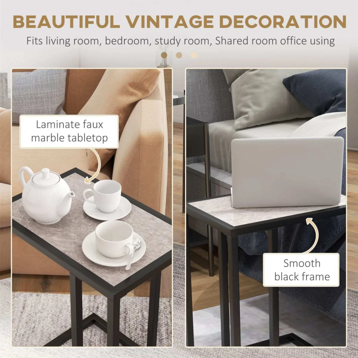 Nonili Metal and Wooden Grey Side Table with Marble Effect Top – image 6