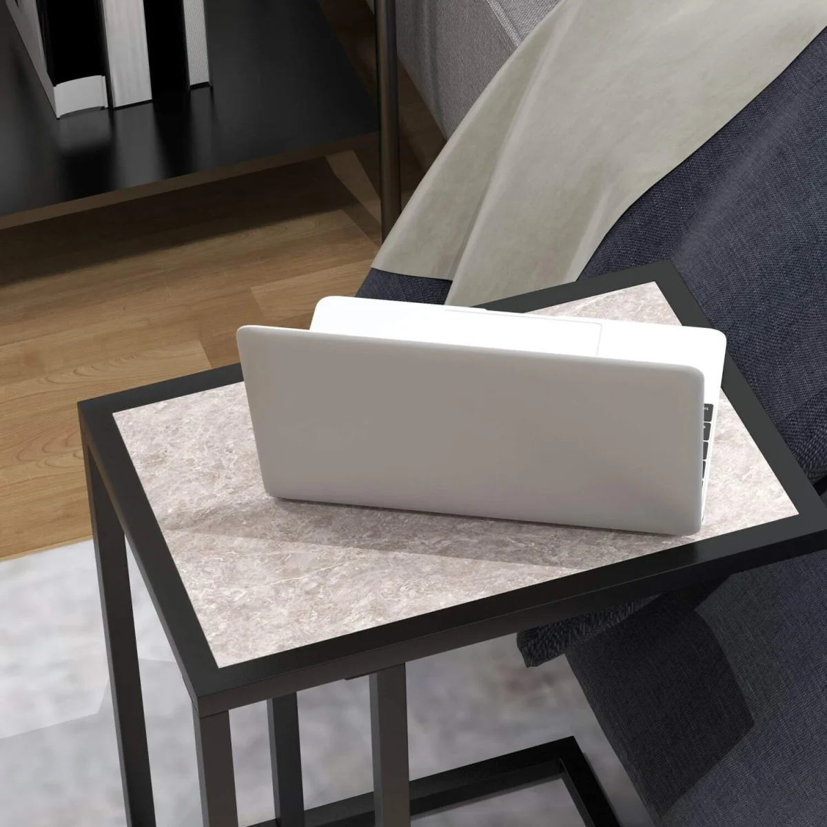 Nonili Metal and Wooden Grey Side Table with Marble Effect Top – image 8