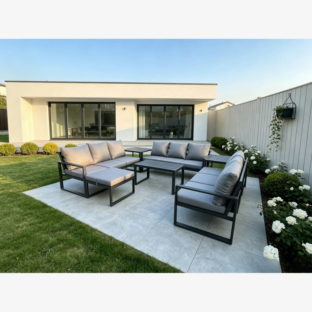 Aluminium 10-Seat Sofa, Oblong Coffee Table, Side Table - Dark grey