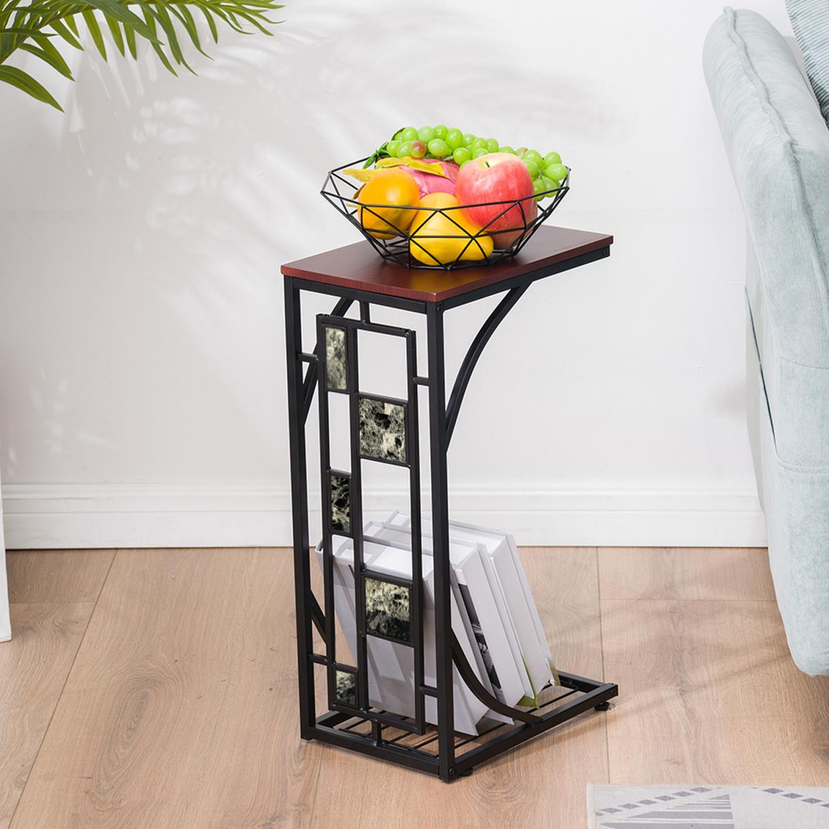 Iron C-Shaped Sofa End Side Table - Brown / Stone Style – image 2