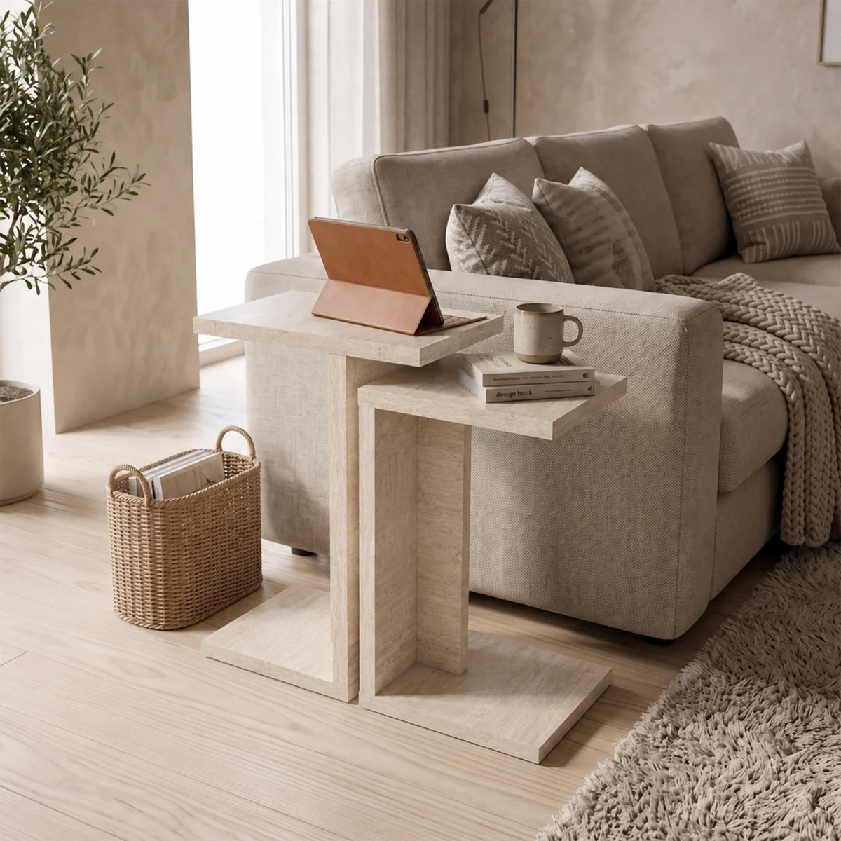 Decortie Nero C Shaped Side Table Set of 2 - Travertine – image 3