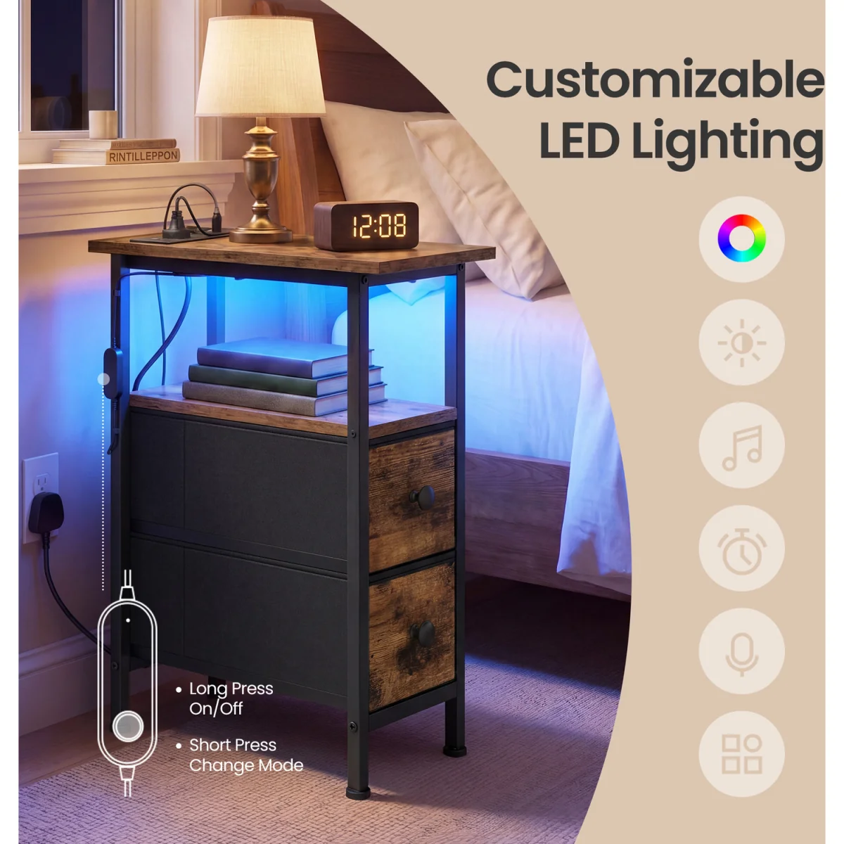Side End Table with Charging Station,Brown - Brown – image 6