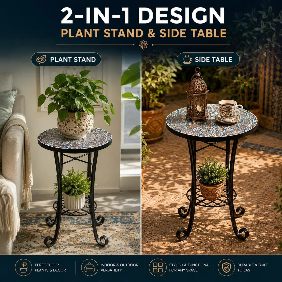Cairo Mosaic Plant Stand Side Table - Multi Color frame with mosaic tile seat – image 3