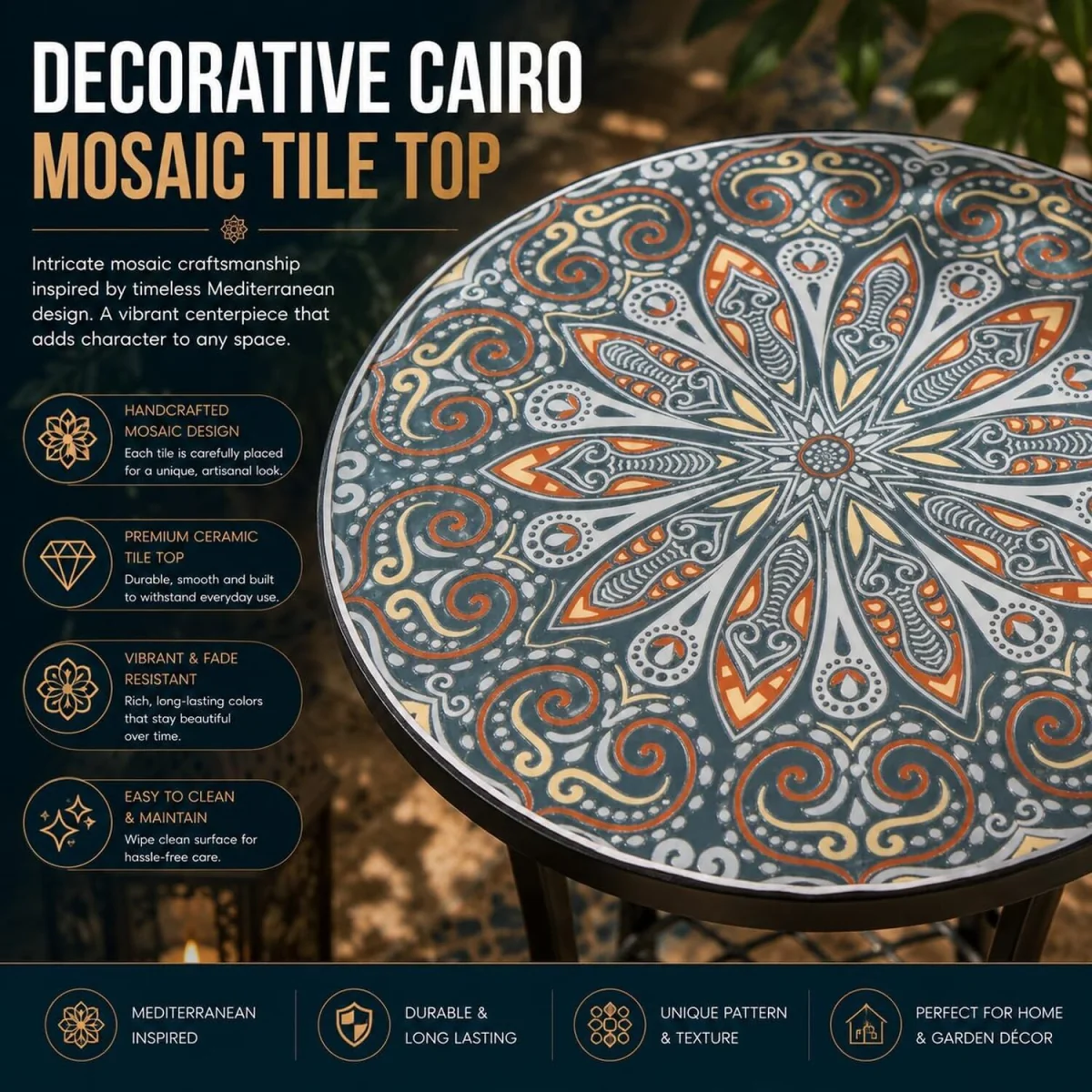 Cairo Mosaic Plant Stand Side Table - Multi Color frame with mosaic tile seat – image 4
