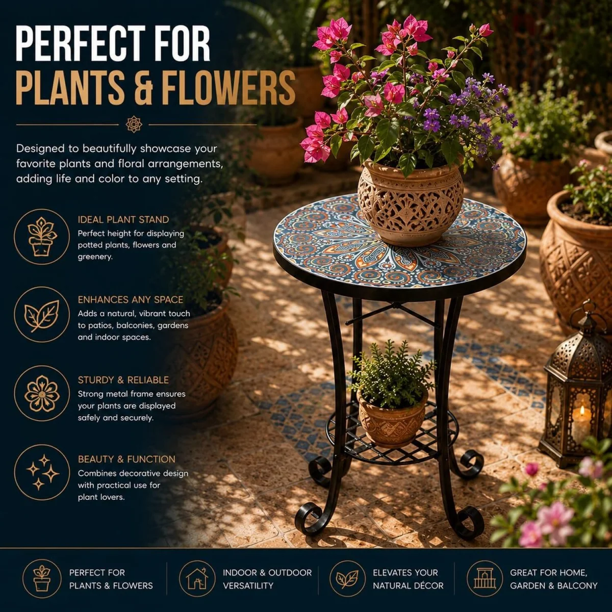 Cairo Mosaic Plant Stand Side Table - Multi Color frame with mosaic tile seat – image 5