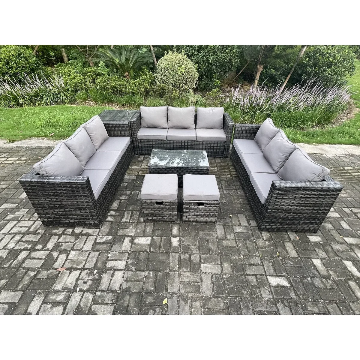 Fimous Rattan Lounge Set with Coffee Table, Side Table & 2 Stools - Dark Grey – image 3