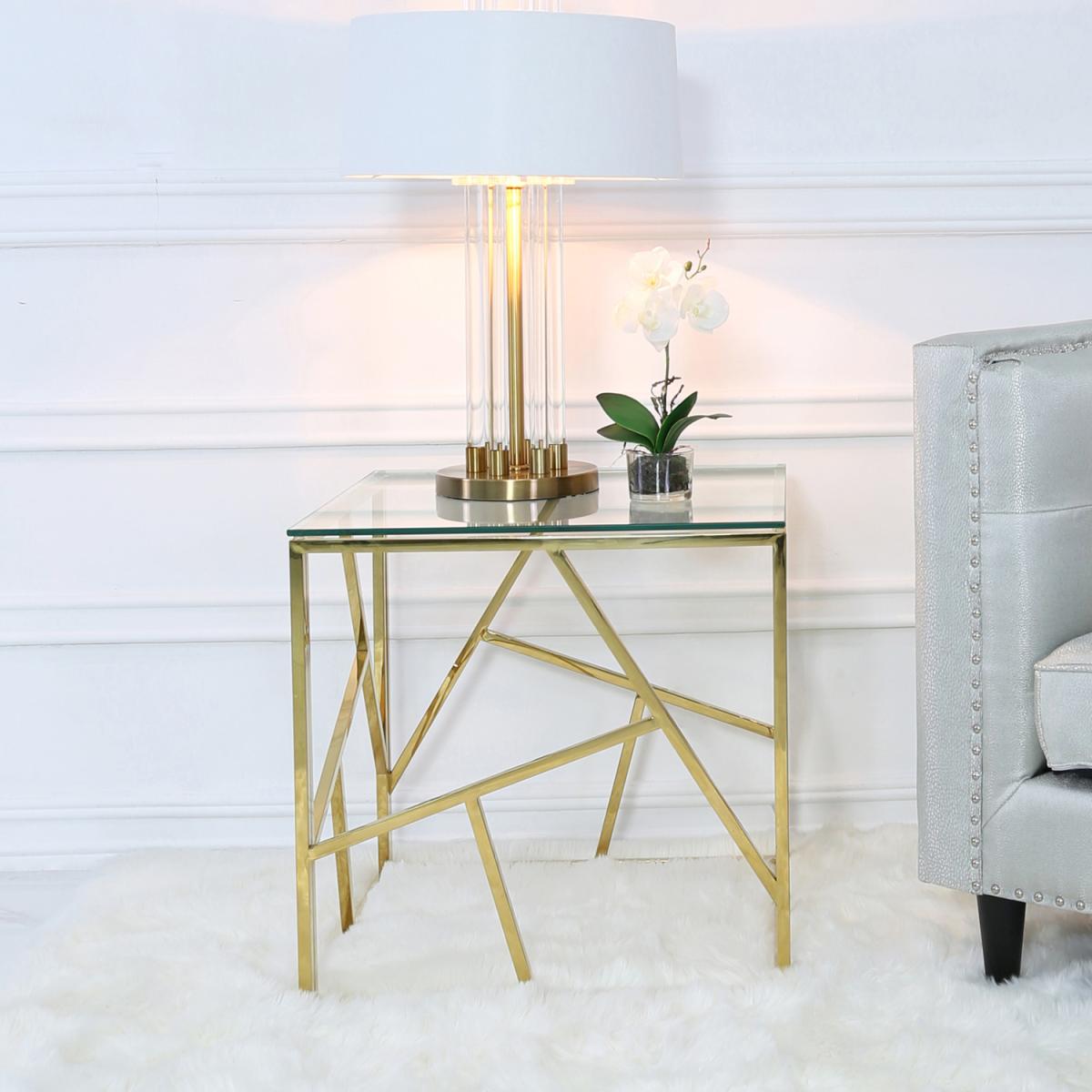Side Table - Roma Gold Metal Glass Top Lamp End Table - Gold – image 4