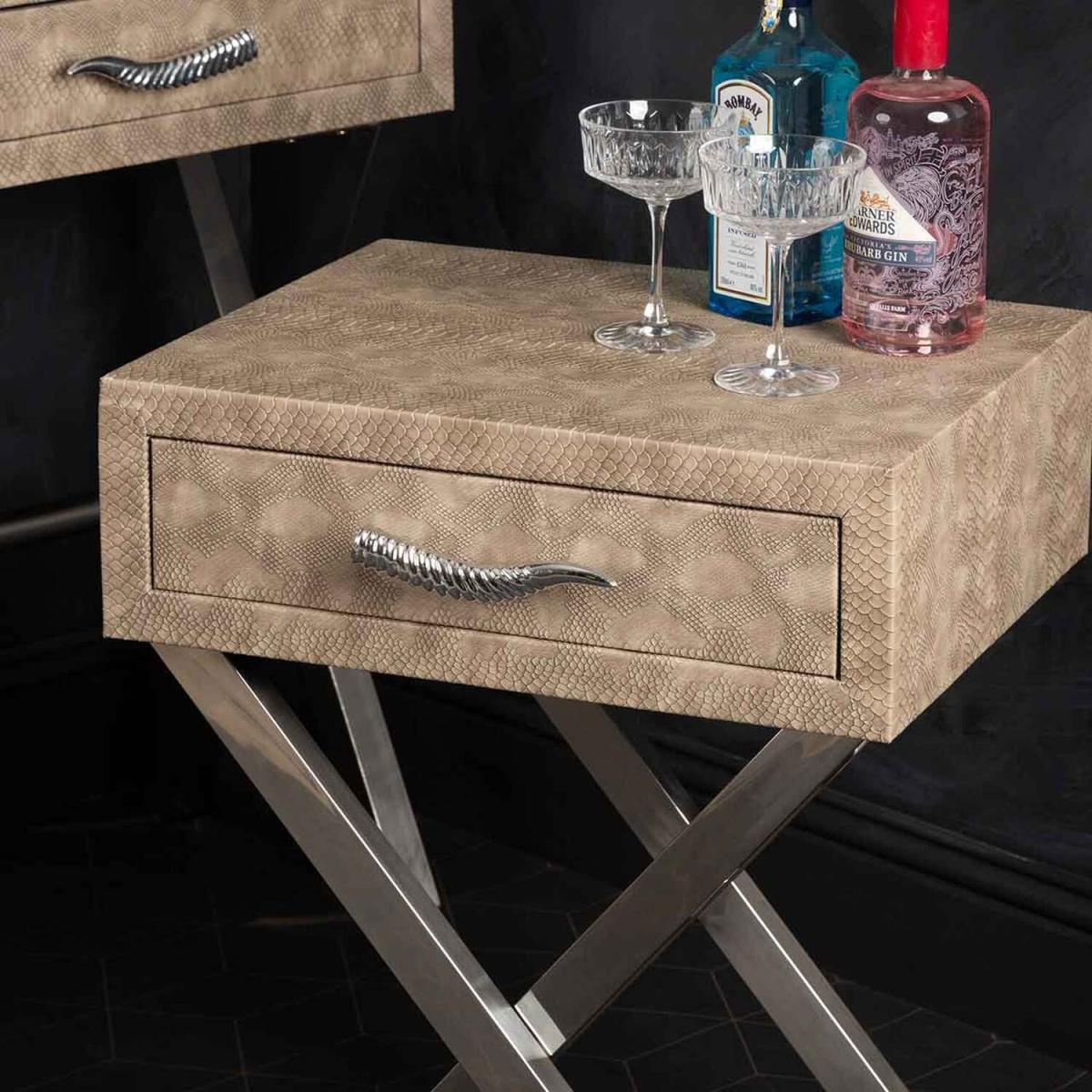 Taupe Faux Snake Leather End Table, Sofa Side Table - Taupe – image 3