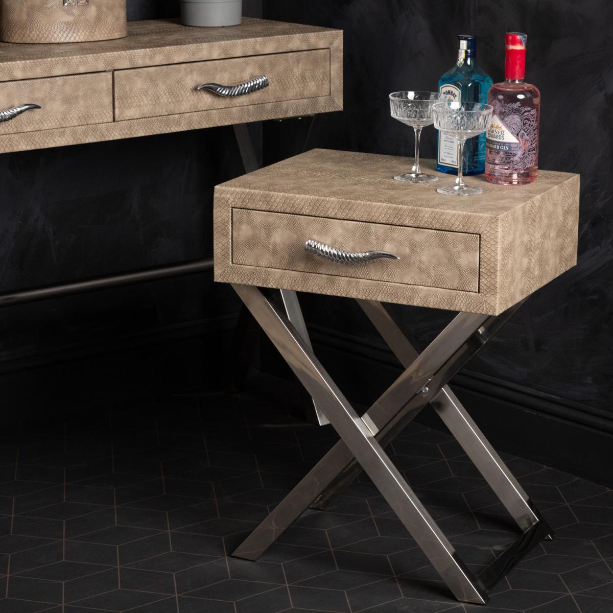 Taupe Faux Snake Leather End Table, Sofa Side Table - Taupe – image 4