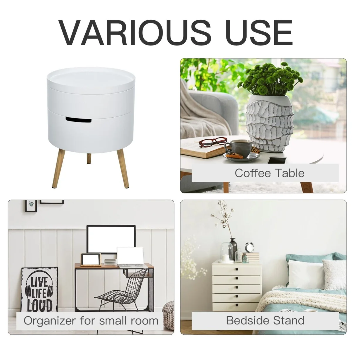Rivizi Round 3-Tier End Table with Hidden Storage, White and Natural Finish – image 2