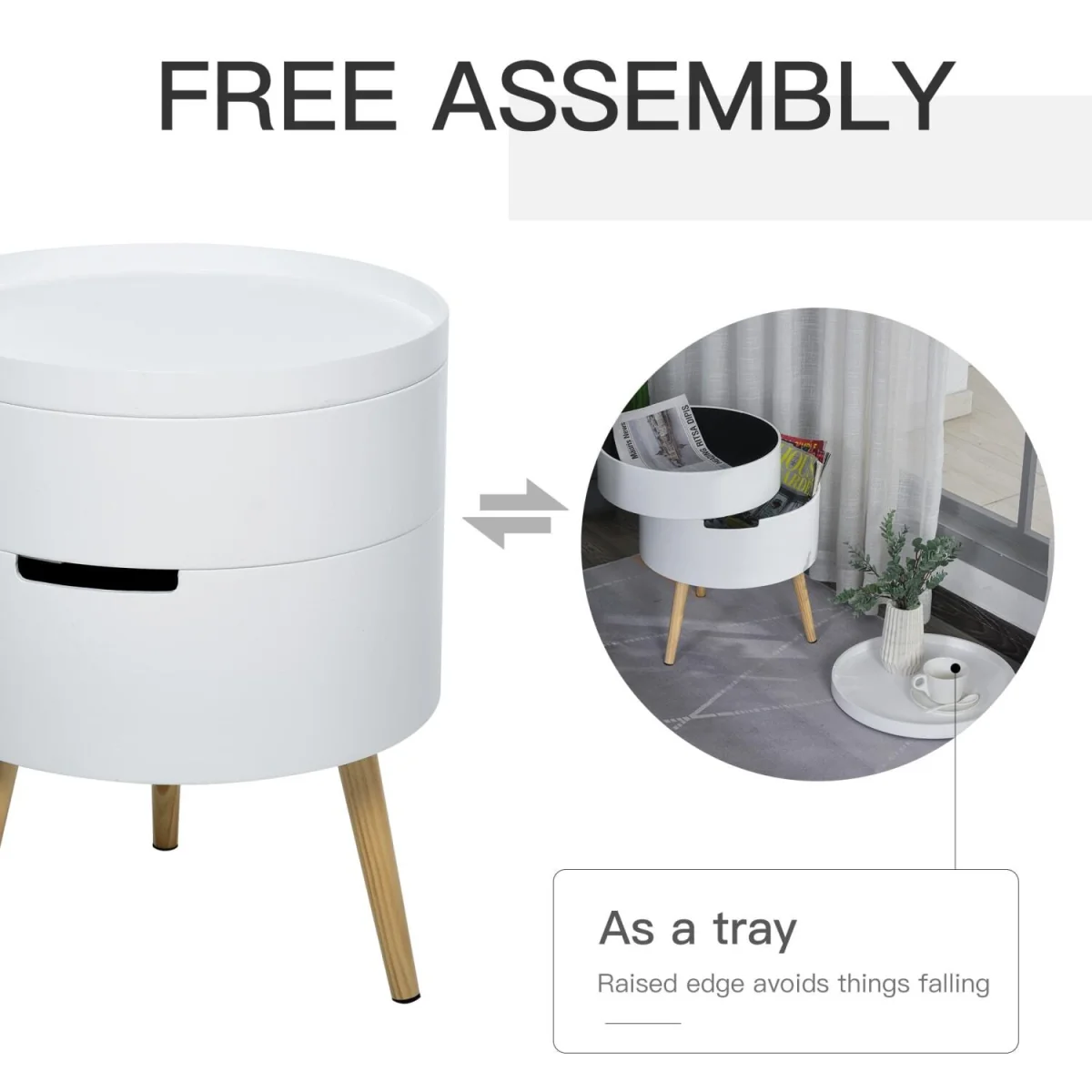 Rivizi Round 3-Tier End Table with Hidden Storage, White and Natural Finish – image 5