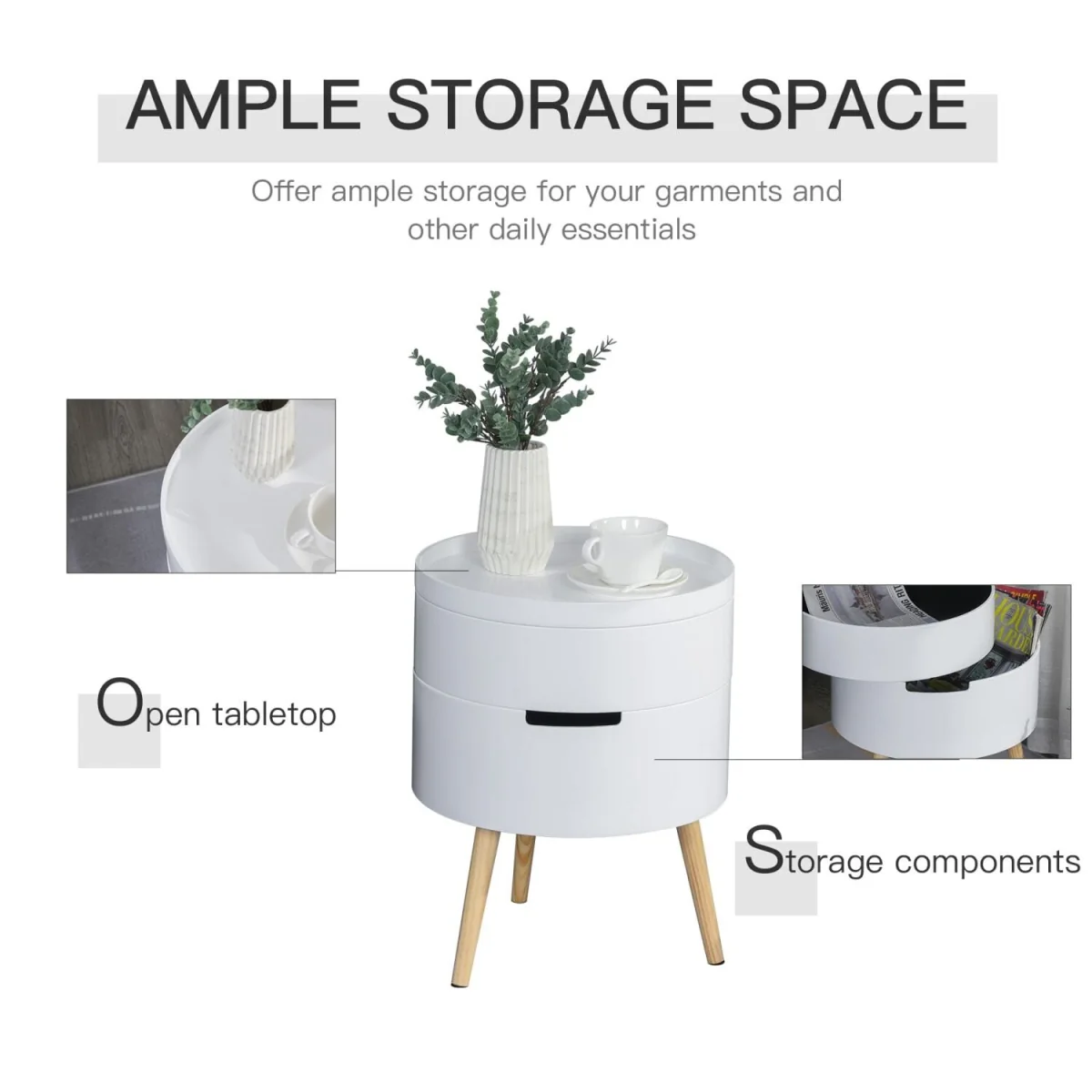 Rivizi Round 3-Tier End Table with Hidden Storage, White and Natural Finish – image 6