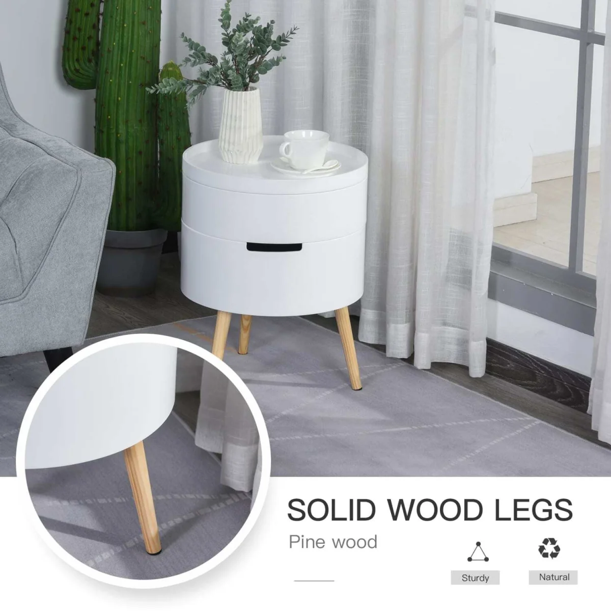 Rivizi Round 3-Tier End Table with Hidden Storage, White and Natural Finish – image 7