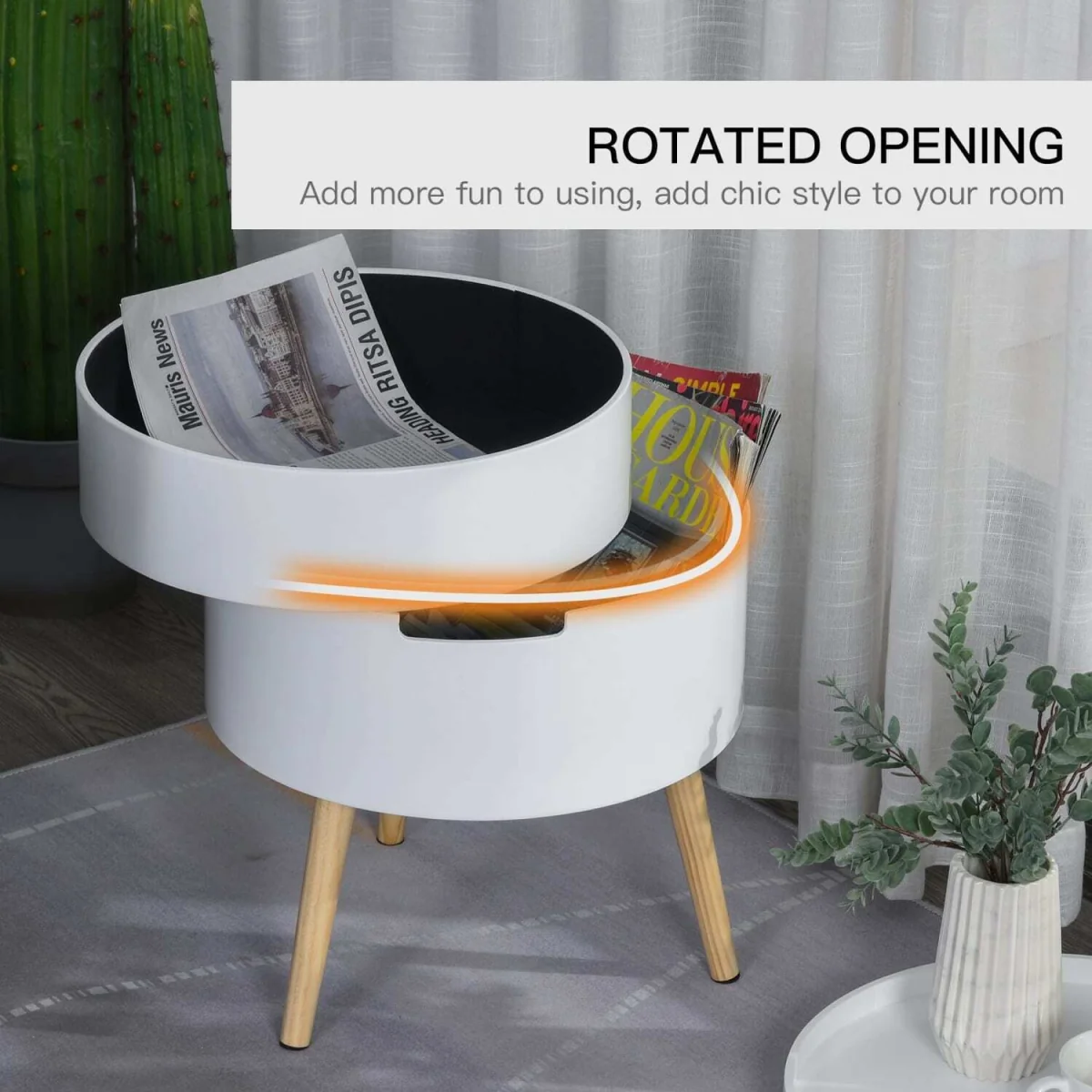 Rivizi Round 3-Tier End Table with Hidden Storage, White and Natural Finish – image 9