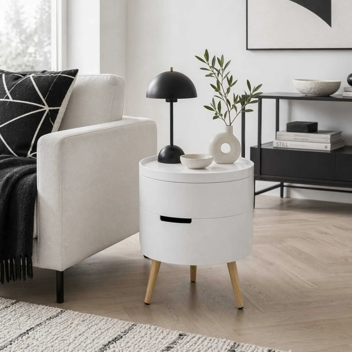 Rivizi Round 3-Tier End Table with Hidden Storage, White and Natural Finish – image 1
