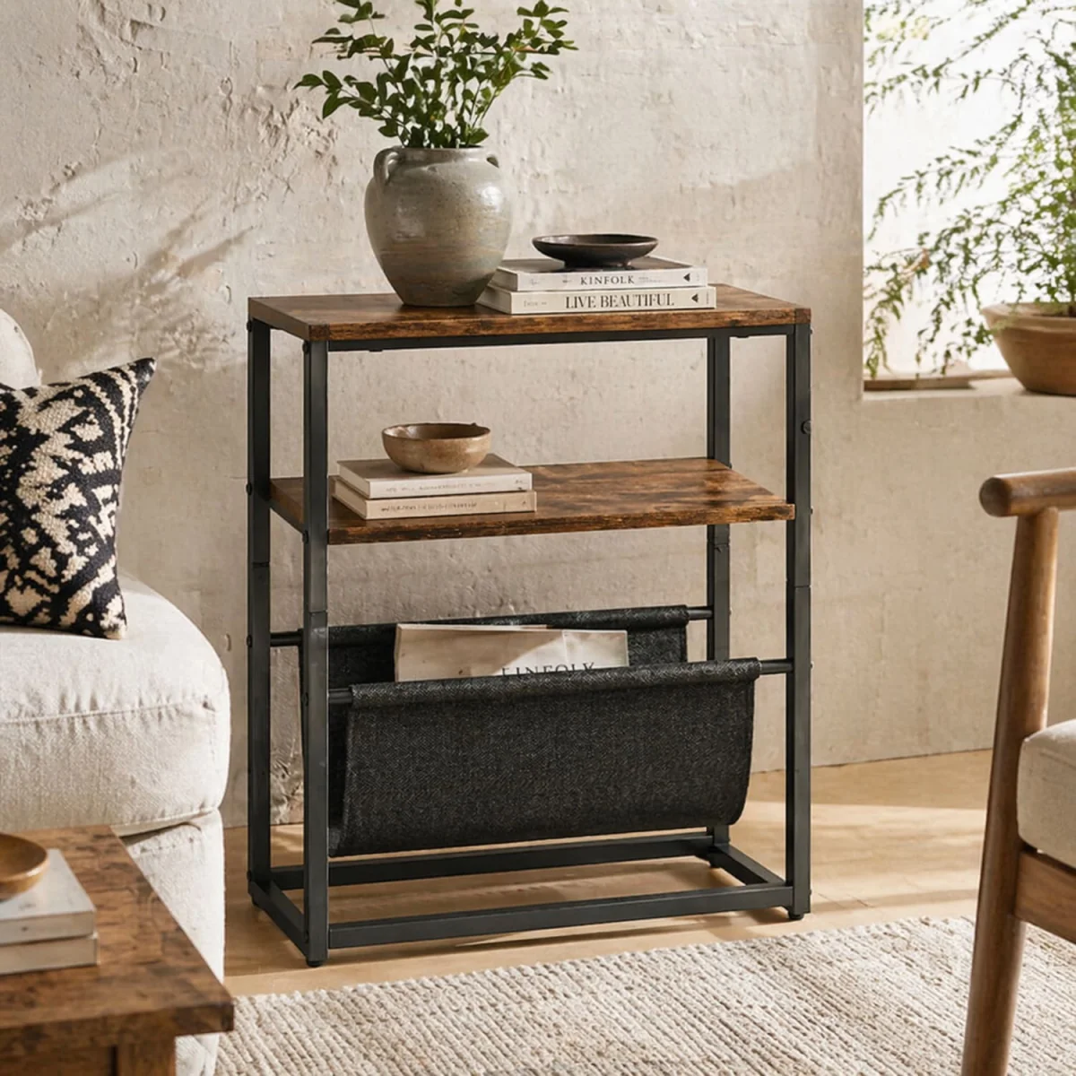 Sanami Rustic Brown Narrow Side Table with 3-Tier Storage and Magazine Slot – image 2