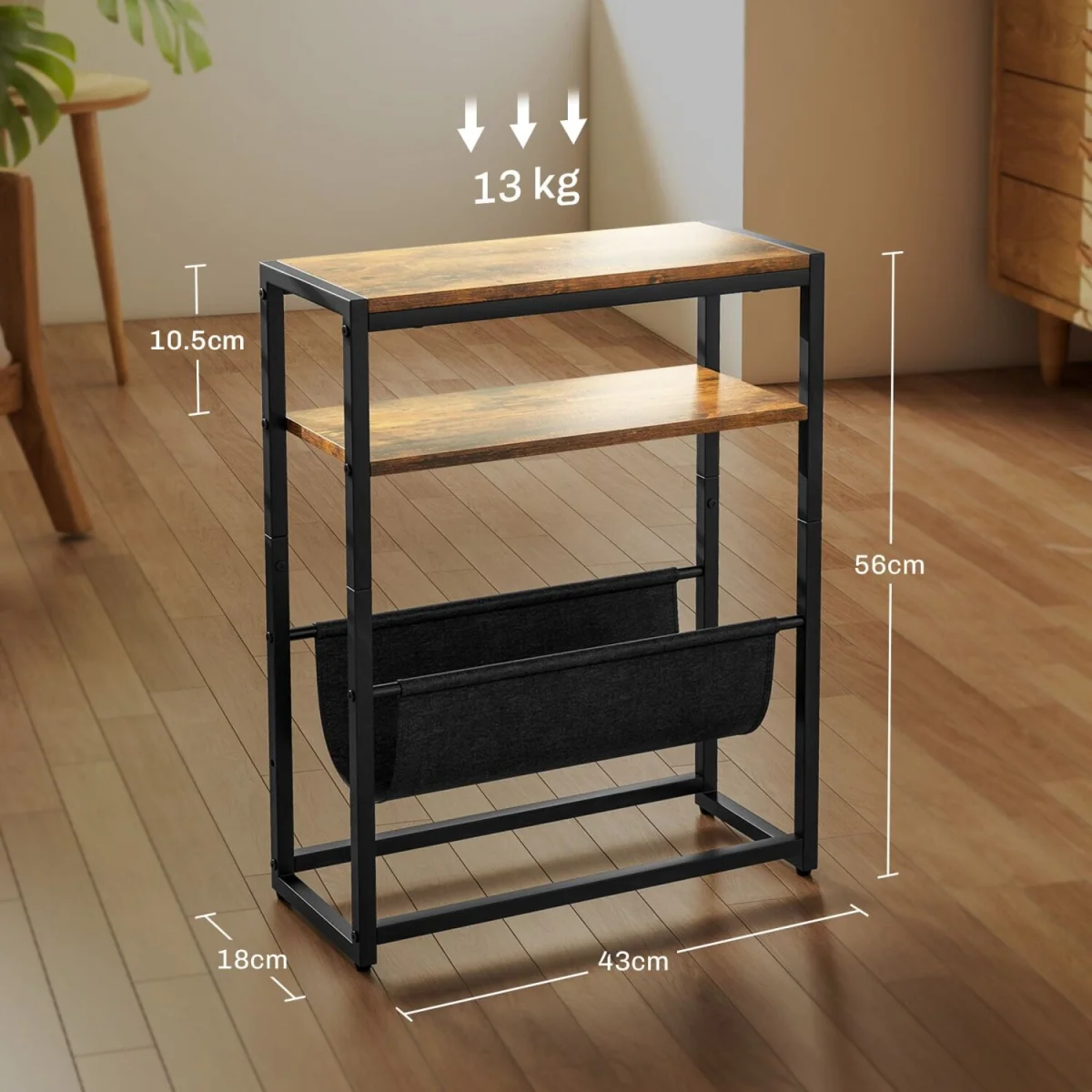 Sanami Rustic Brown Narrow Side Table with 3-Tier Storage and Magazine Slot – image 4