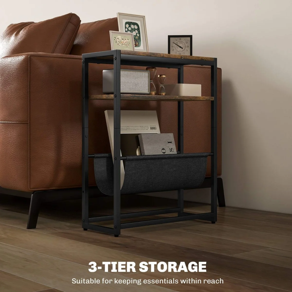 Sanami Rustic Brown Narrow Side Table with 3-Tier Storage and Magazine Slot – image 5