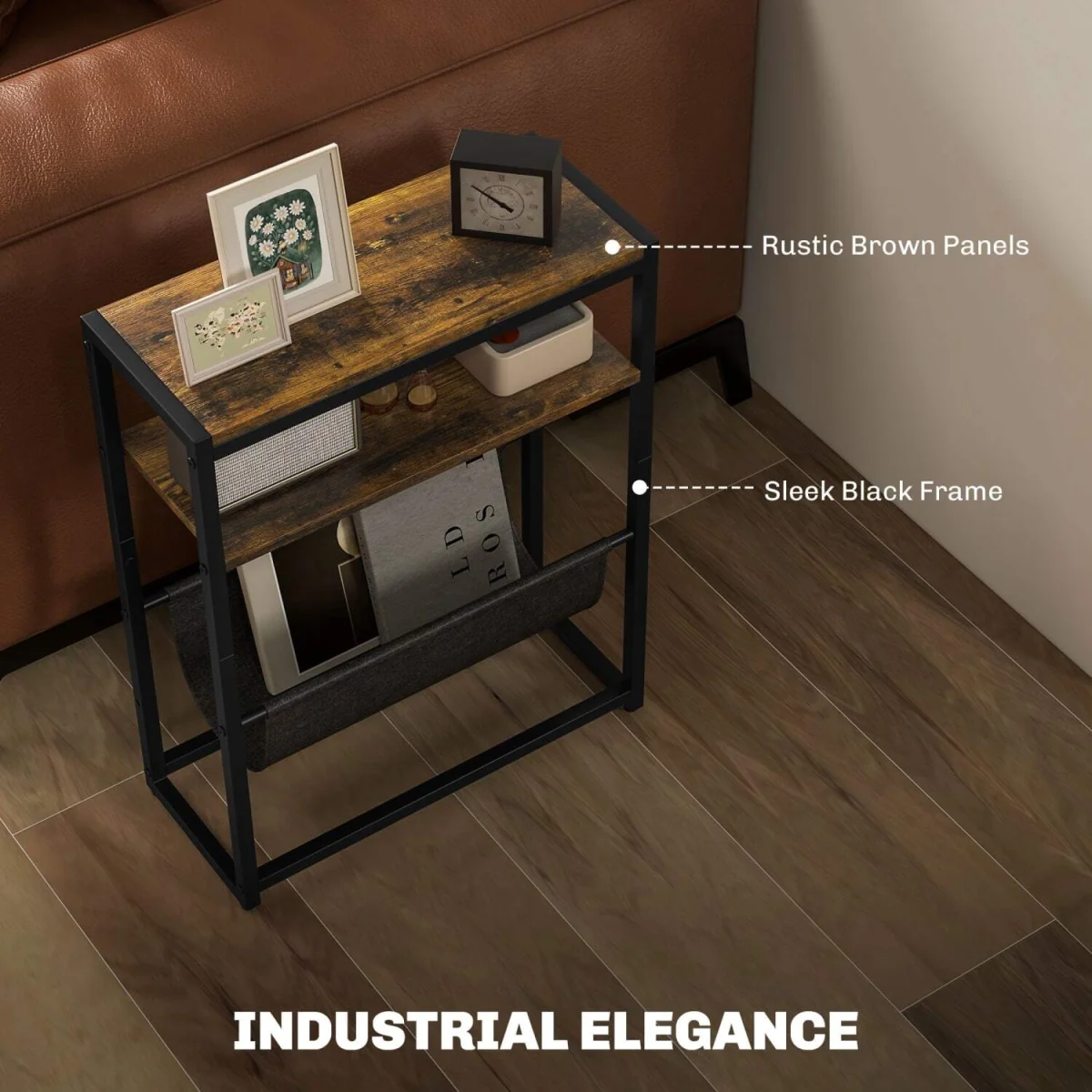 Sanami Rustic Brown Narrow Side Table with 3-Tier Storage and Magazine Slot – image 6