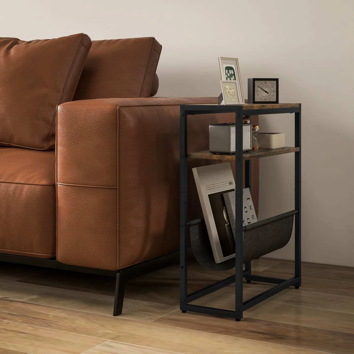 Sanami Rustic Brown Narrow Side Table with 3-Tier Storage and Magazine Slot – image 8