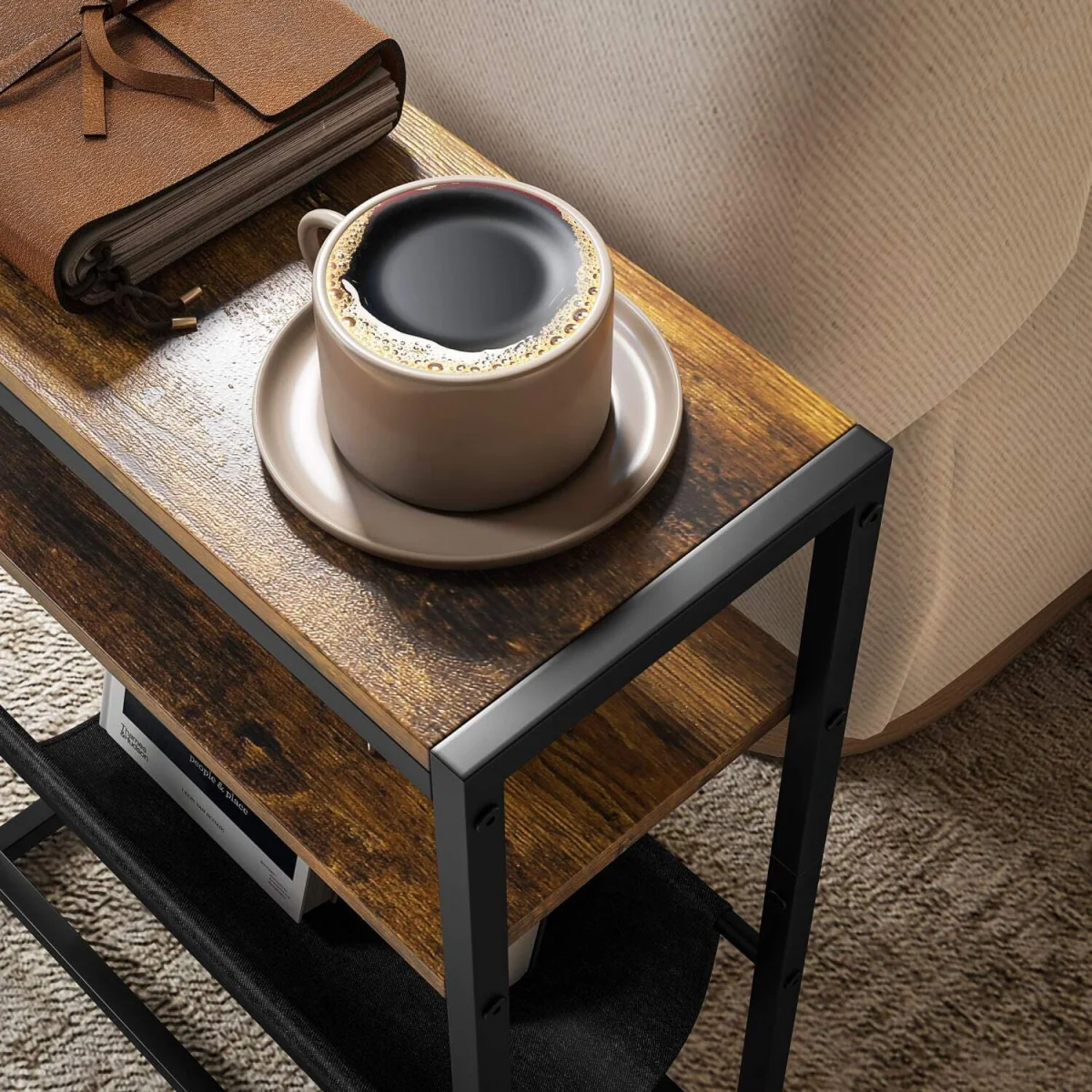 Sanami Rustic Brown Narrow Side Table with 3-Tier Storage and Magazine Slot – image 9