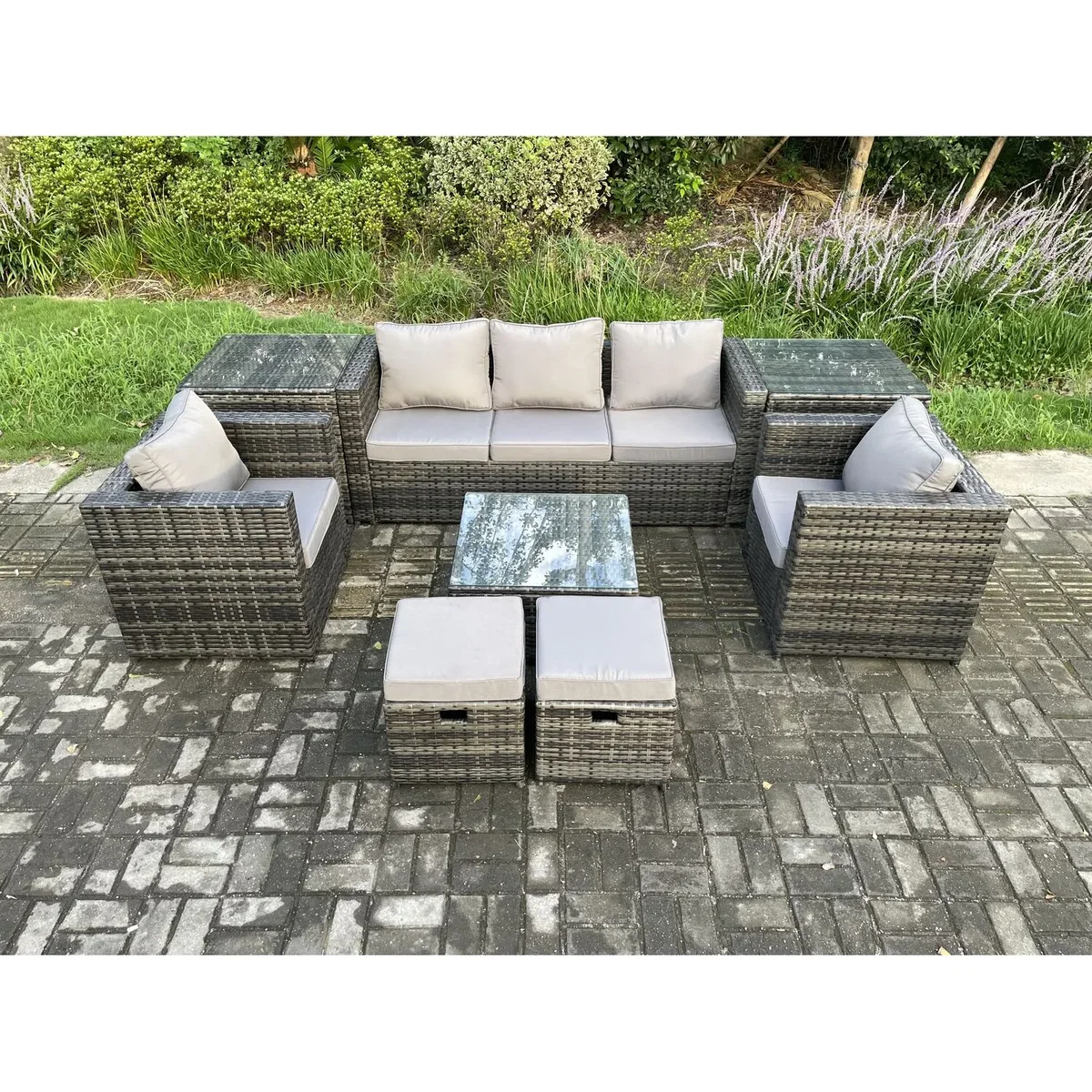 Fimous 8-Piece Rattan Set with Armchair, 2 Side Tables & 2 Footstools - Dark Grey – image 3