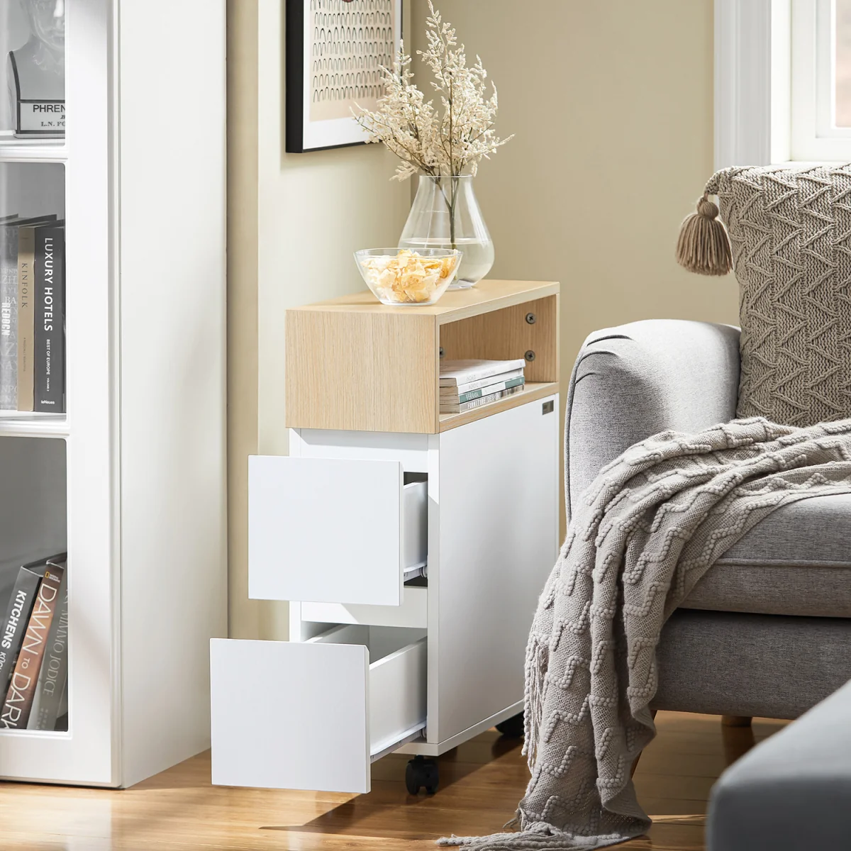 Slim Rolling Side Table with 2 Drawers - White – image 2