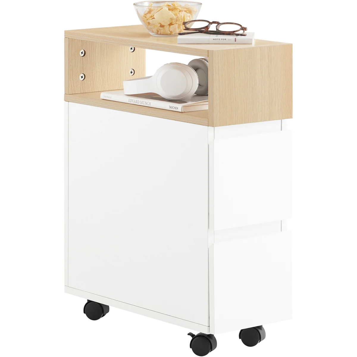 Slim Rolling Side Table with 2 Drawers - White – image 13