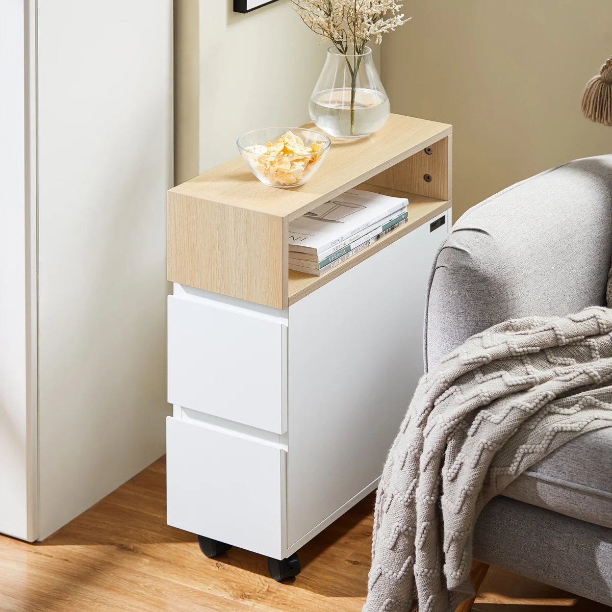 Slim Rolling Side Table with 2 Drawers - White – image 3