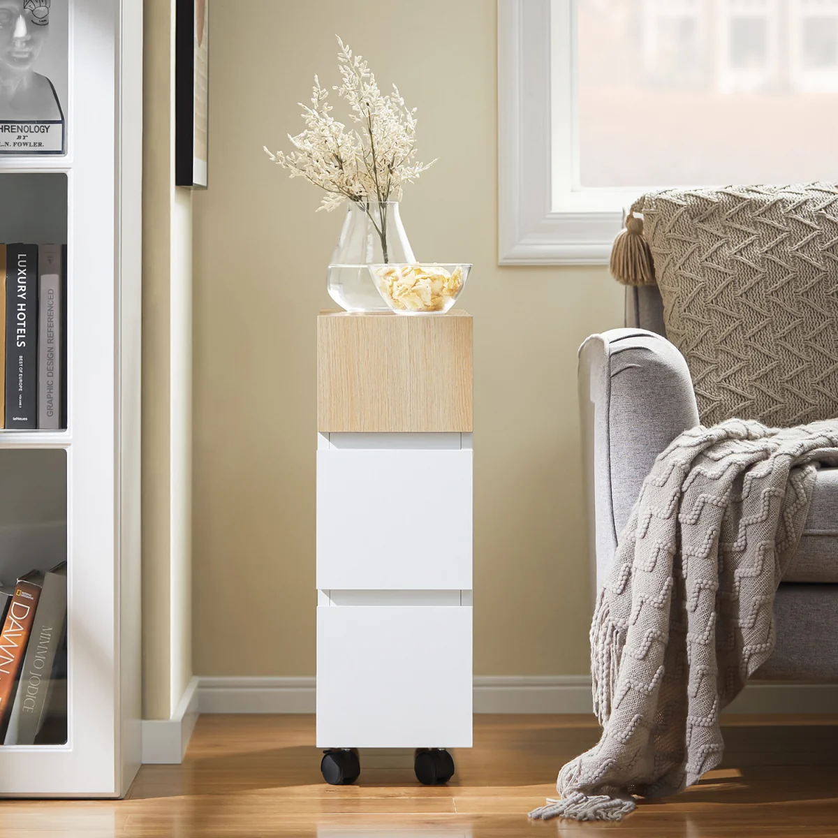 Slim Rolling Side Table with 2 Drawers - White – image 4