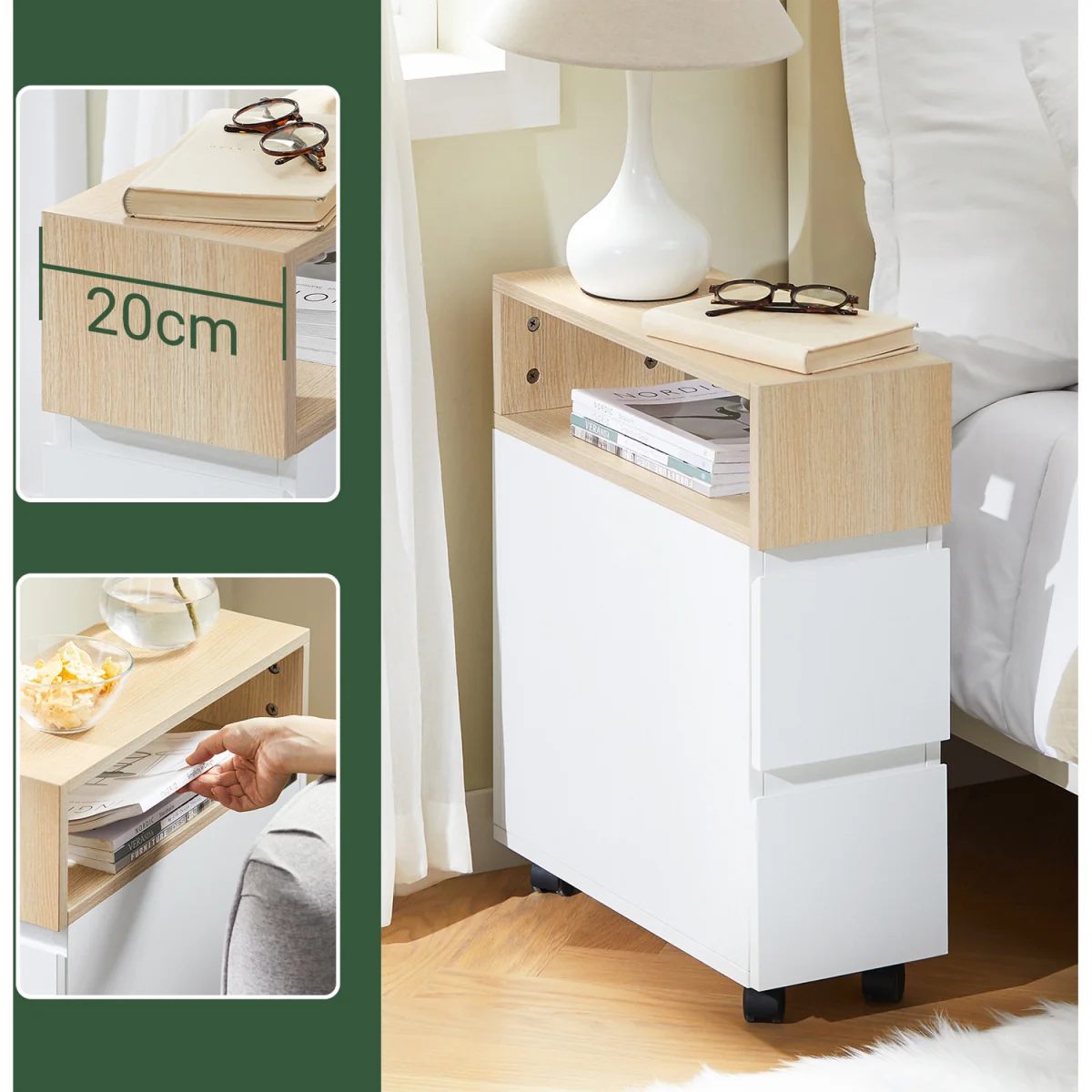 Slim Rolling Side Table with 2 Drawers - White – image 5