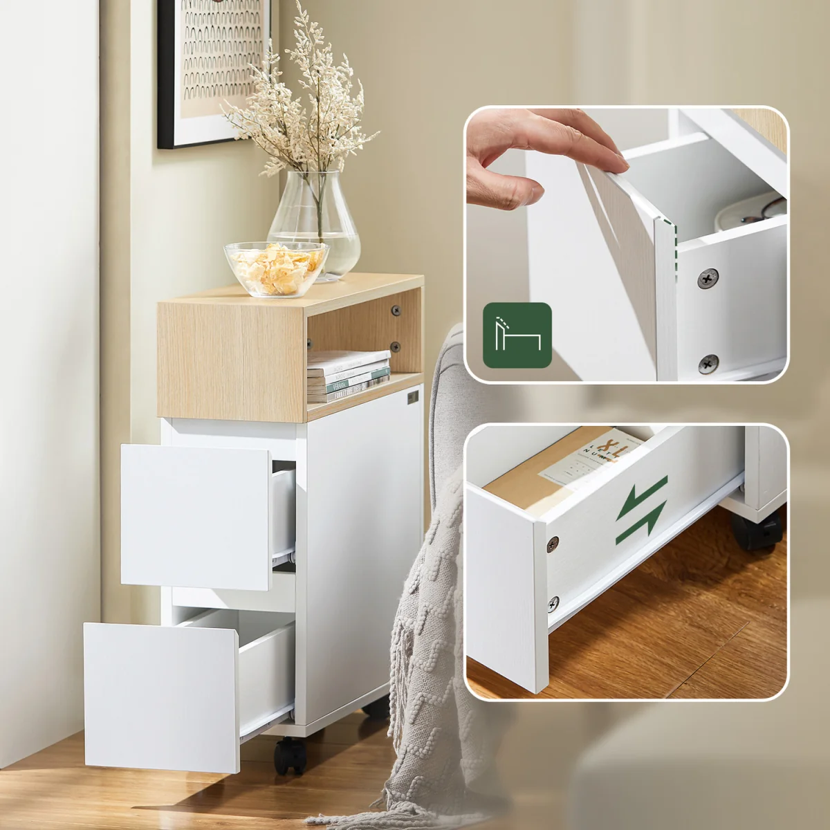 Slim Rolling Side Table with 2 Drawers - White – image 7